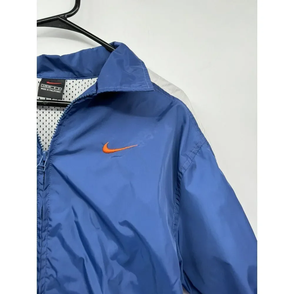 Nike Large Kids Windbreaker Jacket Blue White Full Zip Mesh Lined Swoosh‎ Logo
